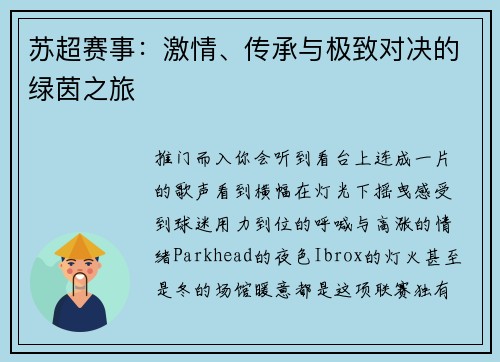 苏超赛事：激情、传承与极致对决的绿茵之旅