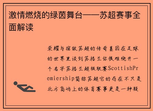 激情燃烧的绿茵舞台——苏超赛事全面解读